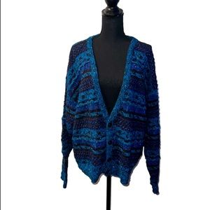 Vintage 1980's Etchings Blue Wild Abstract Crazy Cardigan Sweater - XLarge